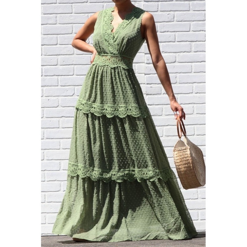 WATER LILY Lace Trim Olive Green Maxi Dress Size Medium M Tiered - Picture 2 of 16